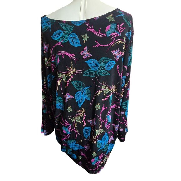Floral Asymmetrical Hem Tunic Top Black Pink Blue Butterfly Size 3X CM2009 - Picture 2 of 10